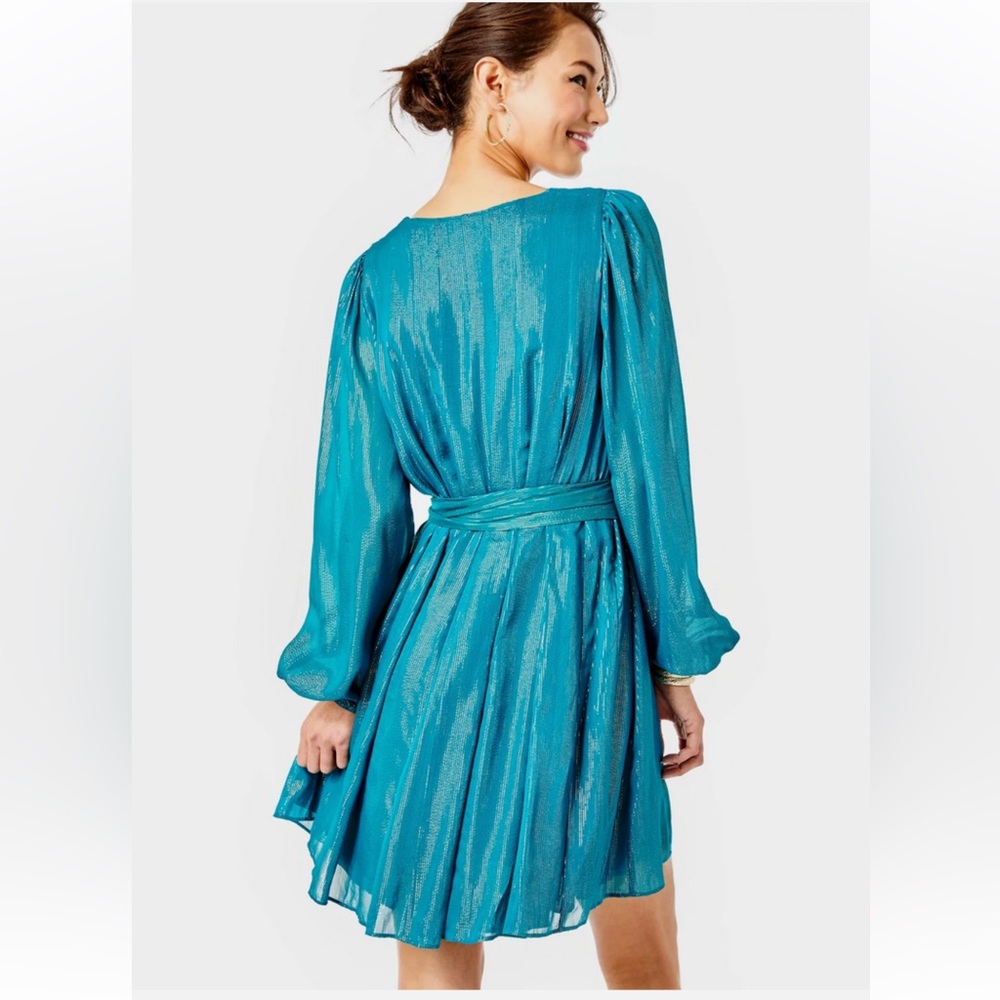 Lilly Pulitzer Teal Shimmer Metallic Belted‎ Long Sleeve Dress Size XL  NEW